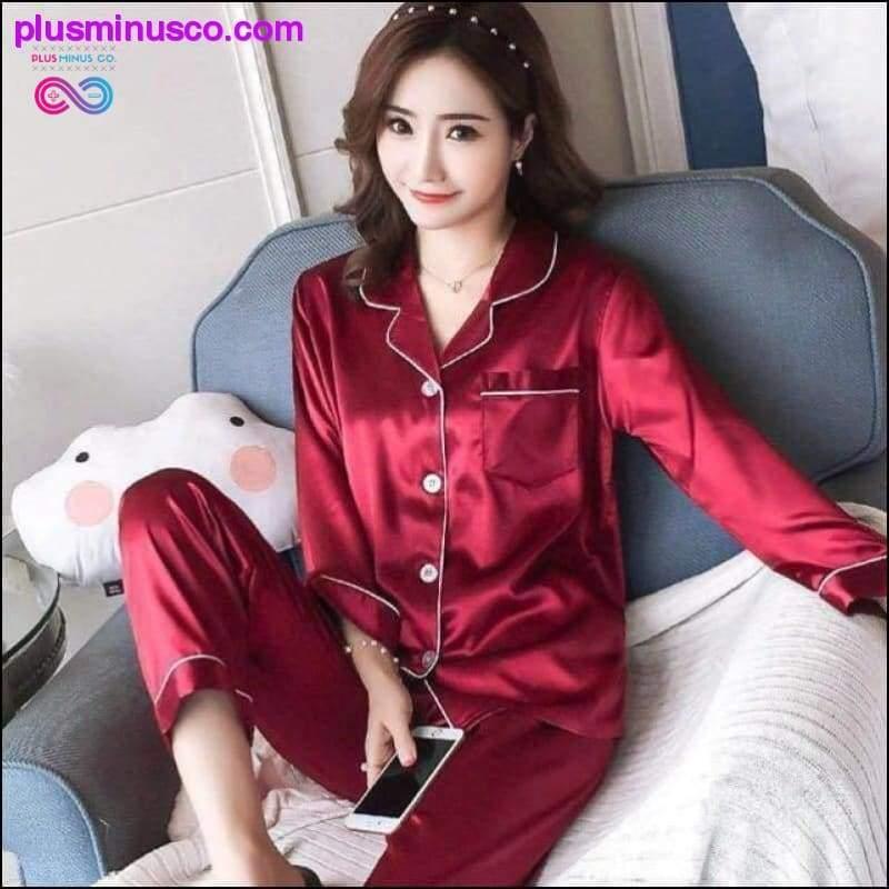 Conjunto de pijama de satén de seda para mujer Traje de dormir de manga larga - plusminusco.com